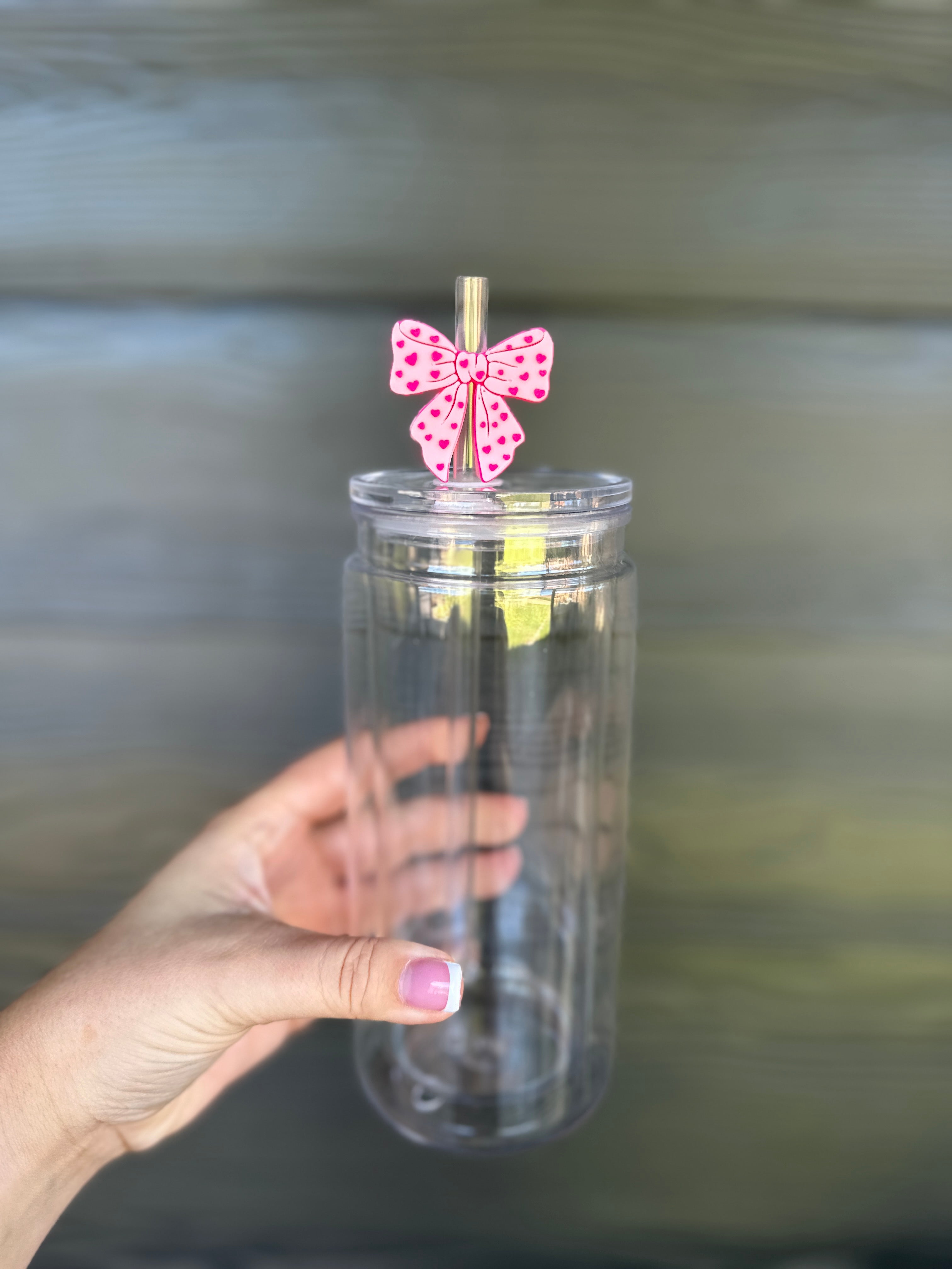 Light Pink Bow w/ Hearts Straw Topper
