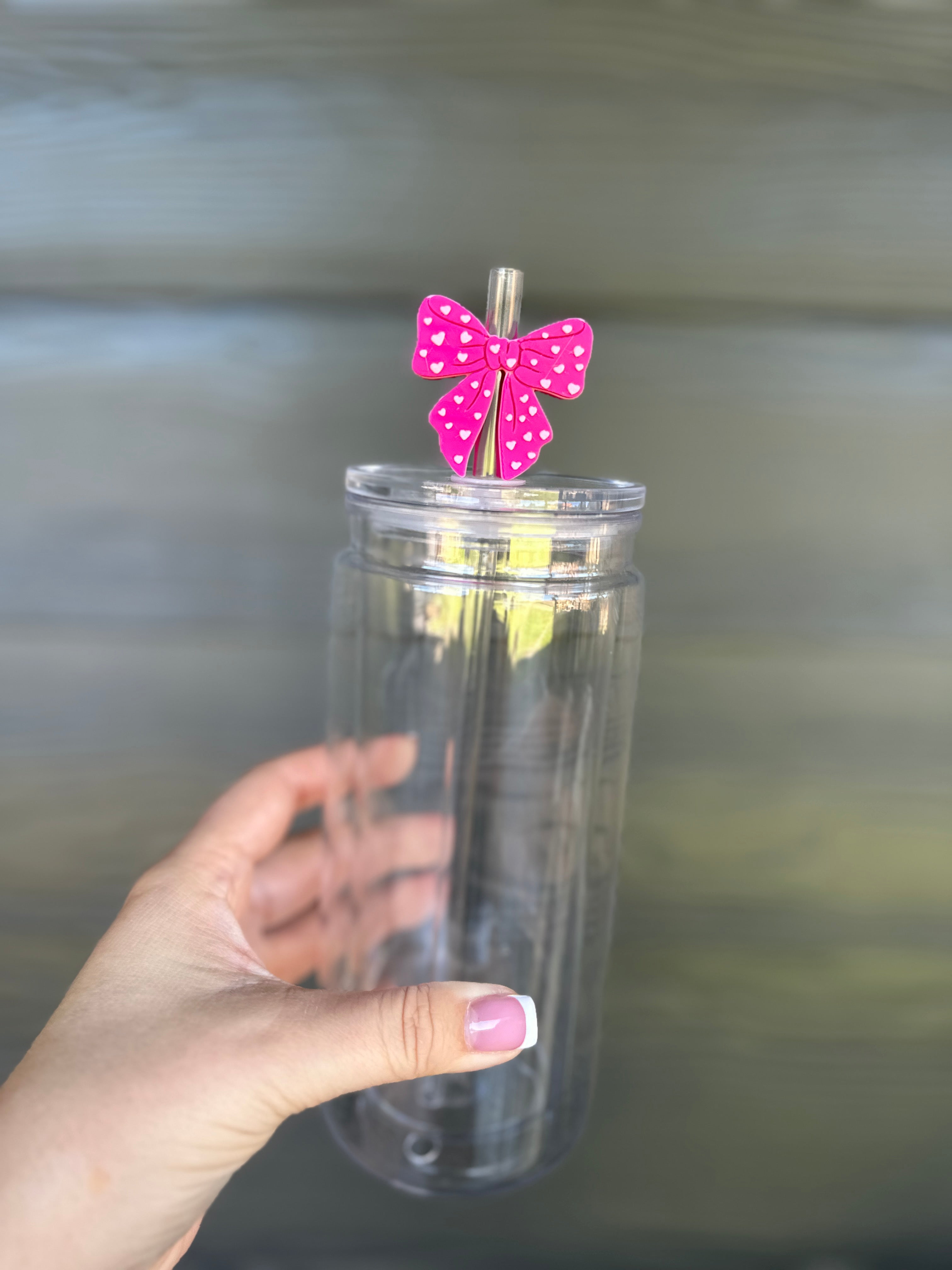 Hot Pink Bow w/ Hearts Straw Topper