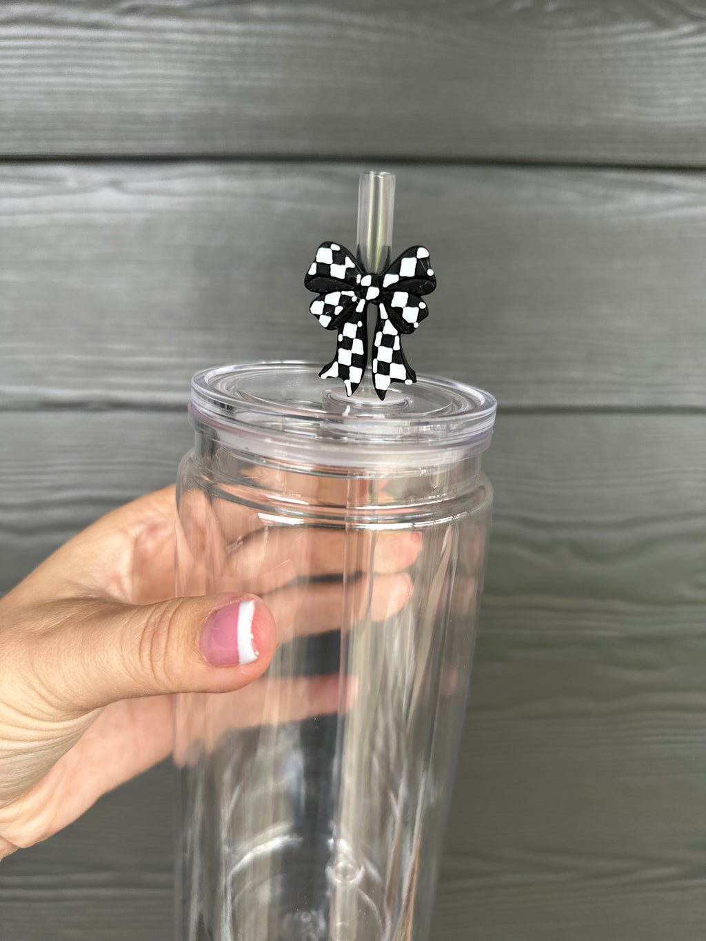 Black/White Checkered Bow Straw Topper