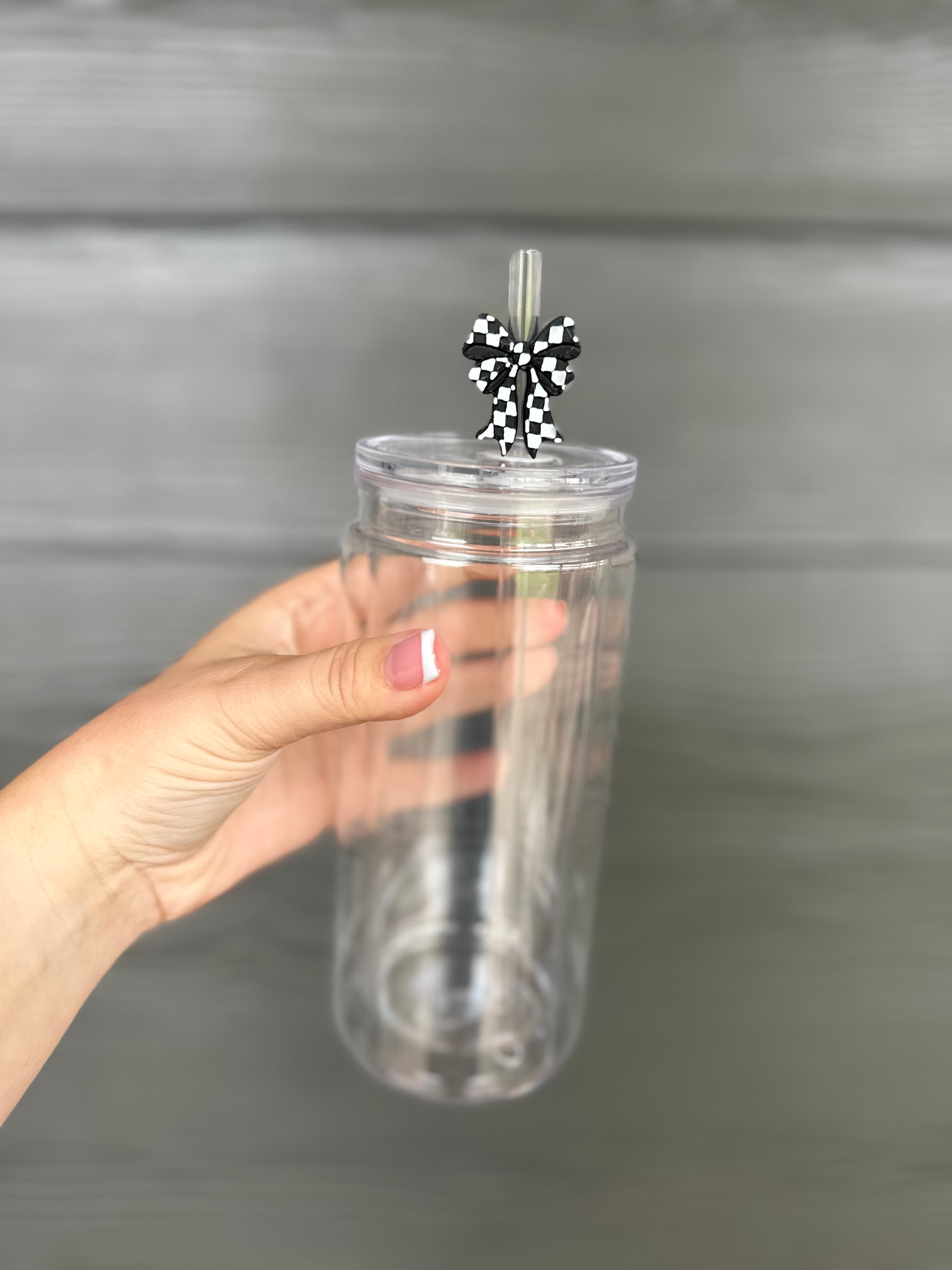 Black/White Checkered Bow Straw Topper