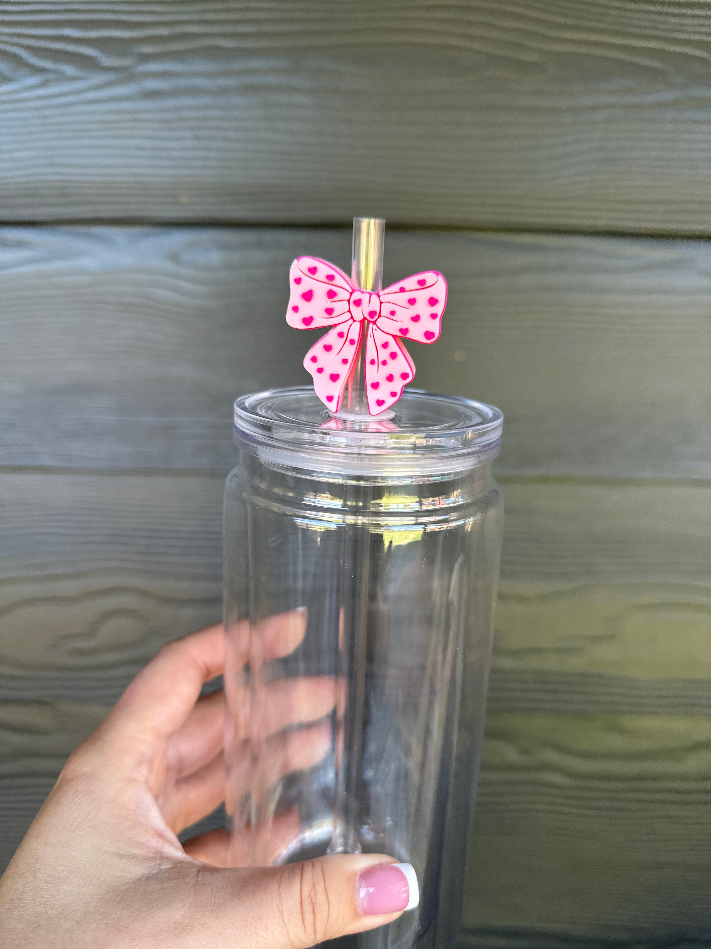 Light Pink Bow w/ Hearts Straw Topper
