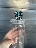 Cow Print Bow w/ Turquoise Button Straw Topper