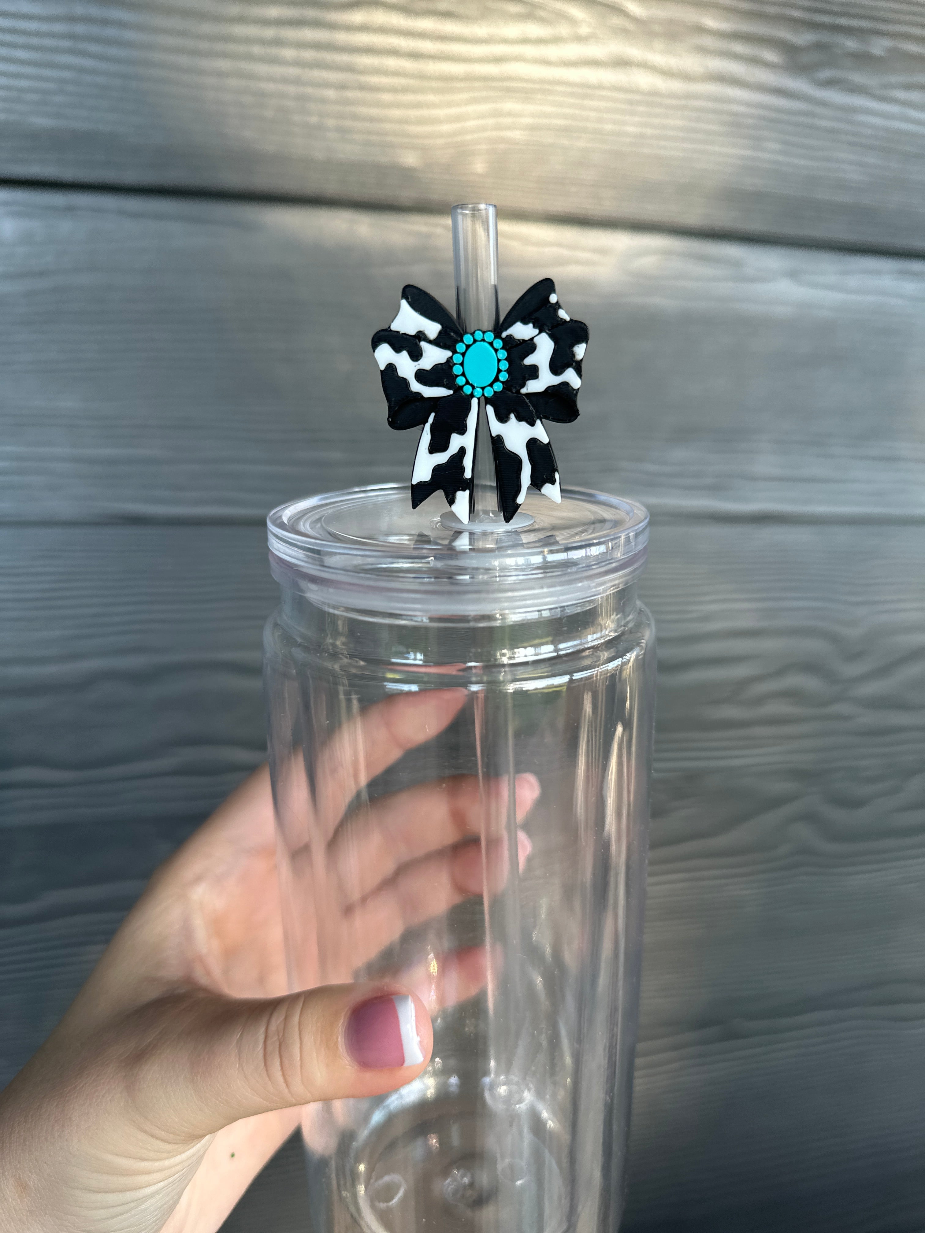Cow Print Bow w/ Turquoise Button Straw Topper